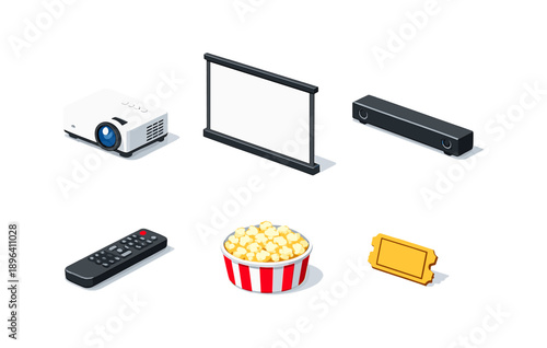 Home theater essentials: projector, screen, soundbar, remote, popcorn, ticket