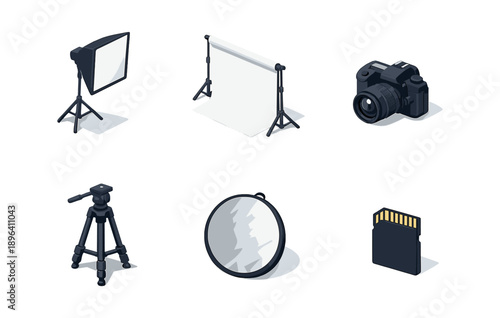 Photography equipment: camera, tripod, softbox, backdrop, reflector, memory card