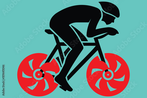 Cyclist Racing Bicycle Silhouette Vector Illustration, Professional Speed Cycling Concept with Red Wheels, Dynamic Sports Rider Icon, Modern Flat Design Isolated Graphic for Fitness,