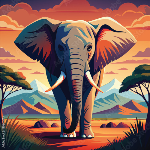 African elephant illustration in a scenic landscape