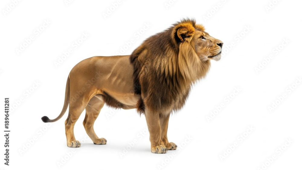 Obraz premium Adult Male Lion Standing Side Profile on White Background