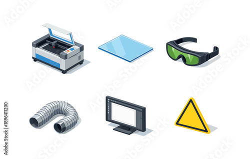 3d printer equipment set: laser cutter, acrylic, safety glasses, ventilation, monitor, warning sign