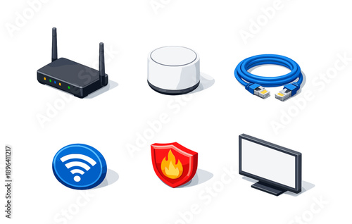 Home network equipment icons: router, cable, firewall, wifi, and display