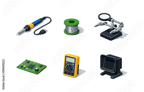 Electronics tools and components: soldering iron, wire, pcb, multimeter, third hand, magnifier