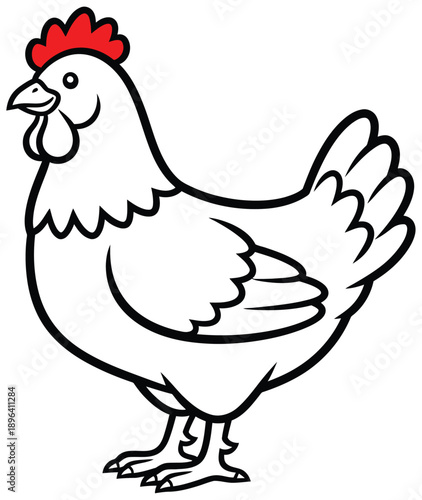 A delightful simple cartoon illustration of a white chicken with a vibrant red comb