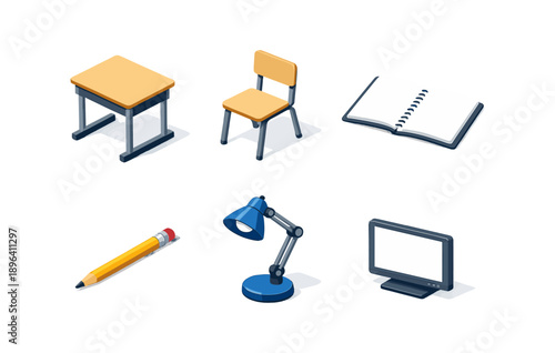 Collection of school supplies including desk, chair, notebook, pencil, lamp, monitor