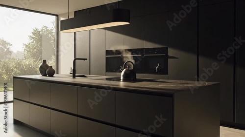 A contemporary kitchen featuring a dark island, integrated appliances, and ample natural light from expansive glass doors overlooking greenery.