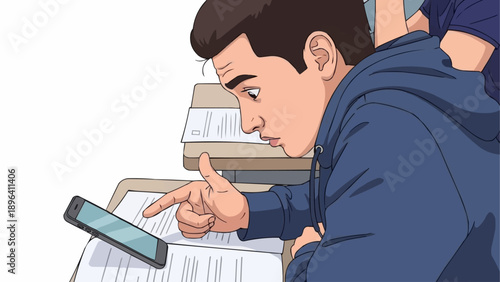 Young man focused on smartphone screen while studying books.