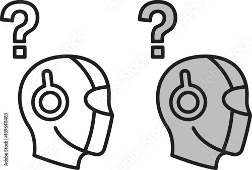 Two question mark icons above human head profile illustrations with brain detail