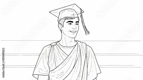 Young man in graduation cap and gown looking to the side.