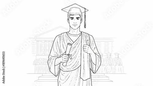 Young Man Graduation Holding Diploma Wearing Cap and Gown.