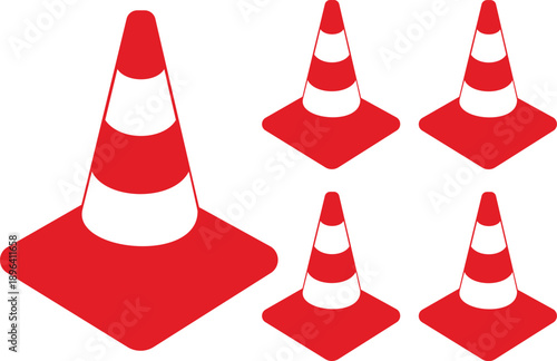 Red and White Traffic Cone Vector Icon Set Isolated on Transparent Background, Road Safety Warning Cone Collection, Construction Zone Barrier Symbol, Flat Minimal Safety Equipment Illustration