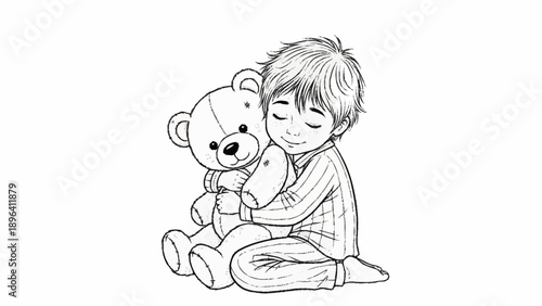 Young boy hugging a teddy bear with eyes closed.
