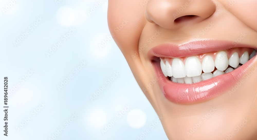 Fototapeta premium Close-up of a smiling woman's mouth with perfect white teeth and healthy gums, dental care concept