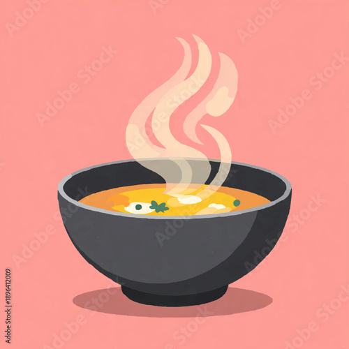 Steaming bowl of soup on a neutral background


