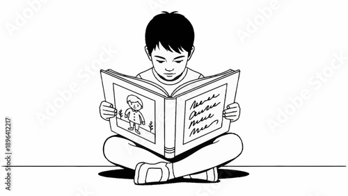 Young boy sitting cross legged reading a book.