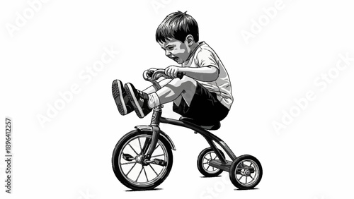 Young boy riding a tricycle with determination on his face.