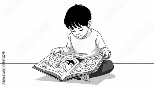 Young boy sitting cross legged reading a comic book.