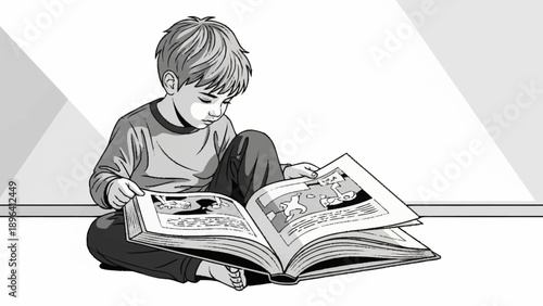 Young boy sitting on floor reading an open book.