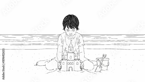Young child building a sandcastle on the beach.