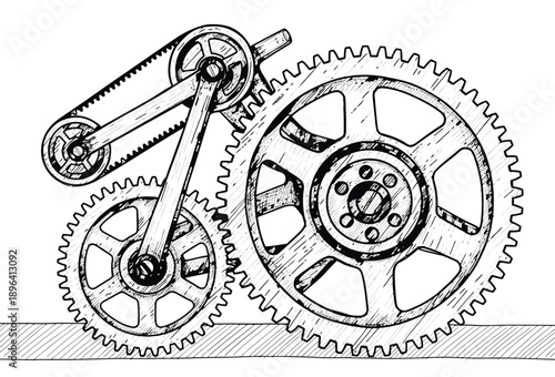 Black and white illustration of three interlocking gears and a pulley system. The design is intricate, conveying a sense of mechanical complexity.