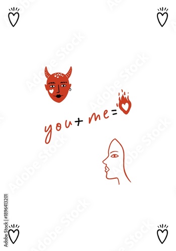Valentine Card You and Me with Cute Devil and Female Face Silhouette