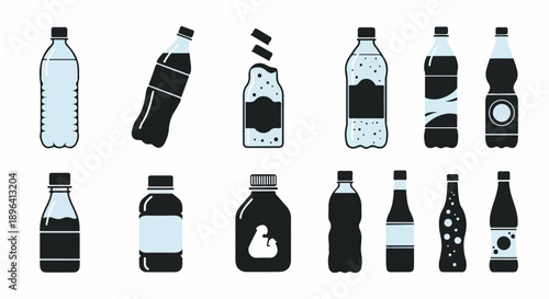 Vector set of various plastic and glass beverage bottles, soda, water, juice, and drink containers, isolated on white
