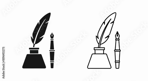 Black feather quill pen and inkwell vector illustration, solid and outline icons isolated on white