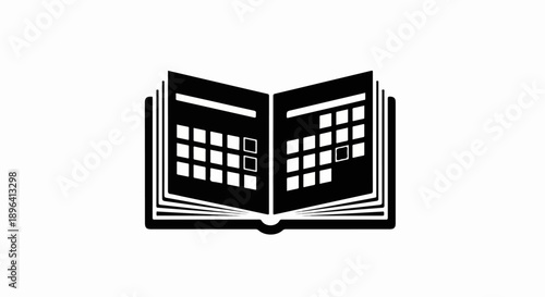 Black vector open book with calendar pages icon, schedule planner symbol, isolated on white