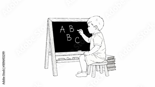 Young child learning alphabet letters on a blackboard.