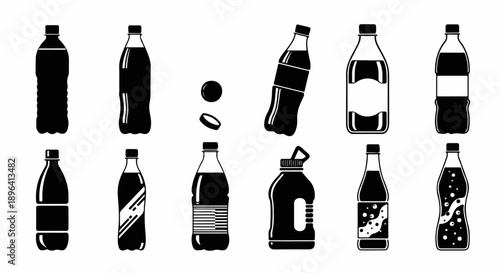 Vector black silhouette soda bottles set with caps and labels, carbonated drink packaging icons, isolated on white