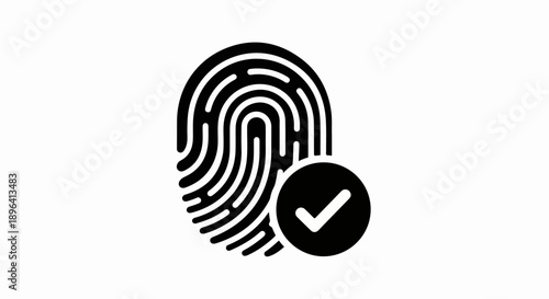 Black fingerprint biometric scan with green checkmark icon, security identity verification vector illustration isolated on white