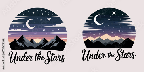 Two Identical Under the Stars with Mountain and Night Sky mountain range crescent moon