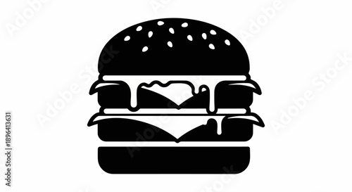 Black and white vector burger icon with sesame seeds, cheese, and dripping sauce, isolated on white