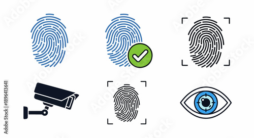 Vector biometric security icons set: blue fingerprints, checkmark, scanner, CCTV camera, eye iris scan, isolated on white