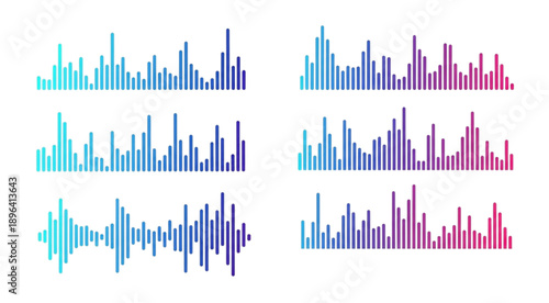 Colorful Gradient Podcast Sound Wave Visualization Blue Purple Pink Audio Frequency Bars for music streaming apps, recording software or media players.
