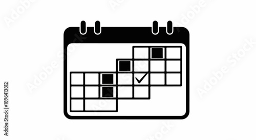 Black and white vector calendar icon with marked dates and checkmark, schedule planner symbol isolated on white