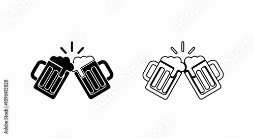 Vector black beer mugs clinking, cheers icon set, filled and outline styles, isolated on white