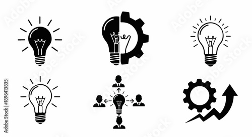 Vector black light bulb and gear icons for idea generation, innovation, teamwork, and problem solving, isolated on white