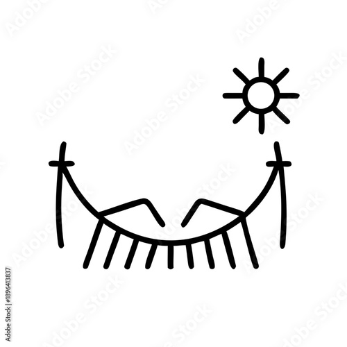 Minimalist line drawing of a hammock under the sun  