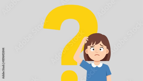 Young girl confused by large yellow question mark.