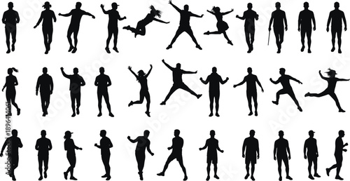 Active people silhouettes – jumping, dancing, running, walking, and casual movement poses of men and women in vector collection