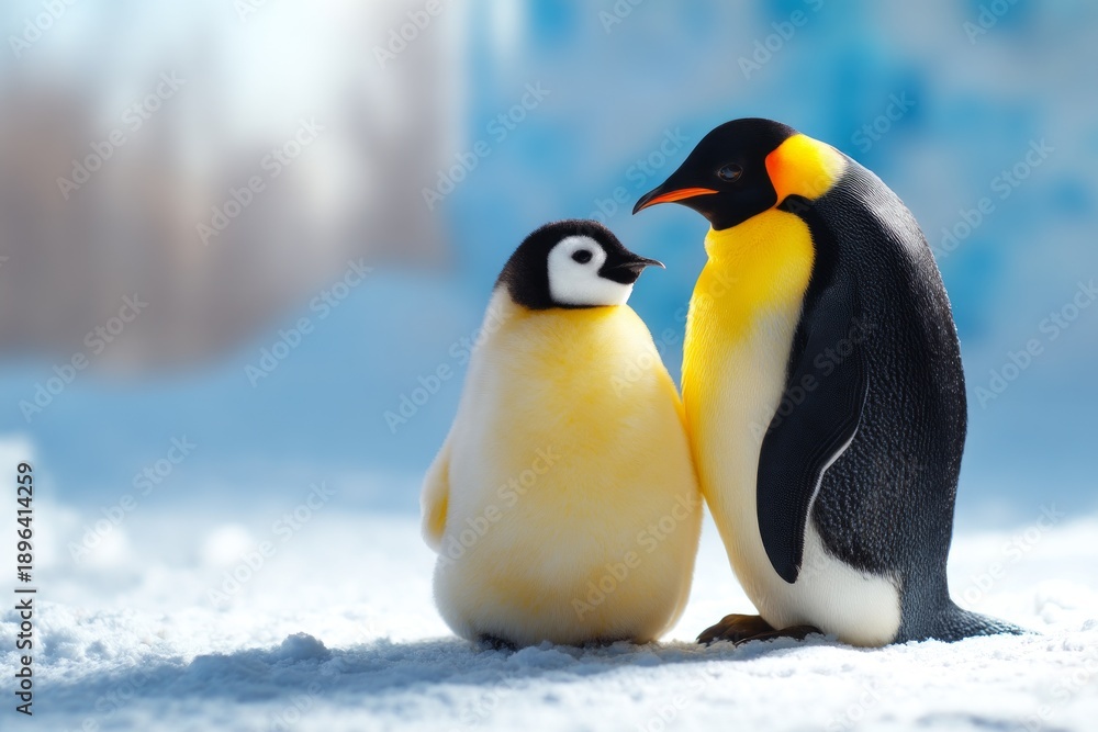Fototapeta premium Two Penguins in Icy Habitat Emphasizing Bond and Serenity in Winter Scene