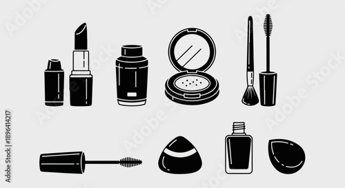 Vector black and white makeup cosmetic icons set: lipstick, powder, mascara, brush, nail polish, beauty blender, isolated on white