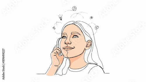 Young girl thinking with ideas floating above her head.