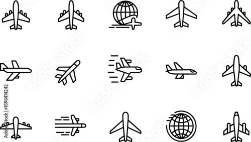 Airplane top view icons, aviation vector outline set, flight and travel symbols, aircraft transportation illustrations, global jet silhouettes