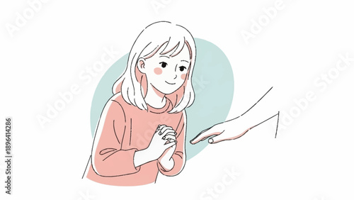 Young girl with hands clasped looking at a pointing finger.