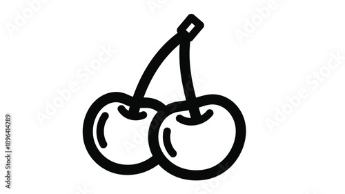 a simple black and white illustration of two cherries connected by a stem silhouette