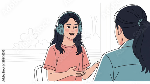 Young girl wearing headphones talking to an adult woman.