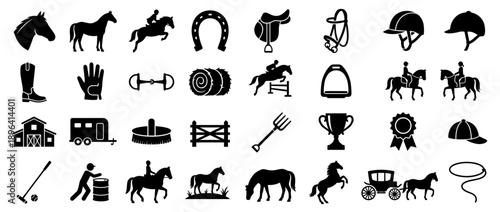 Equestrian Icons: A collection of black and white equestrian icons representing various aspects of horse riding, competition, and related equipment.